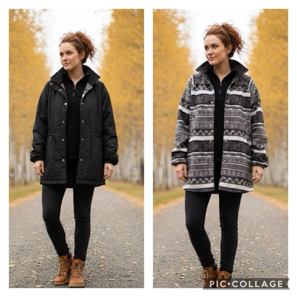 Vintage Reversible Jacket Utility Coat Medium Black Aztec Fleece 90s retro